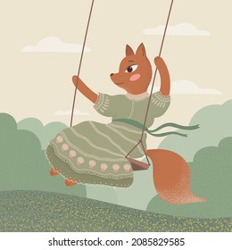 A cute fox in a lace dress, swinging on a swing. Children's illustration, for greeting cards, books, children's design