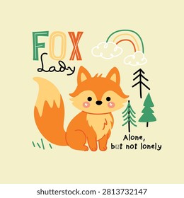 Cute Fox Lady with Rainbow and Trees Illustration 