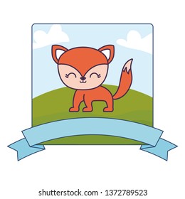 cute fox in landscape with frame and ribbon