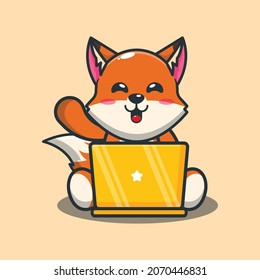 Cute fox with laptop. Cute animal cartoon illustration.