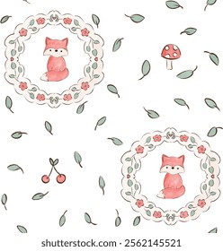 Cute fox with leaves cherry and mushroom seamless pattern 