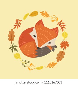 Cute fox with leaves decoration circle design