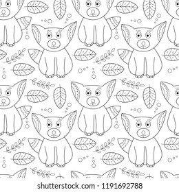 cute fox with leaves seamless pattern. Monochtome outline print.
