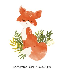 cute fox with leaves, vector illustration, children artworks