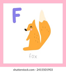 Cute fox. Letter F. English alphabet for kids. Educational vector illustration.