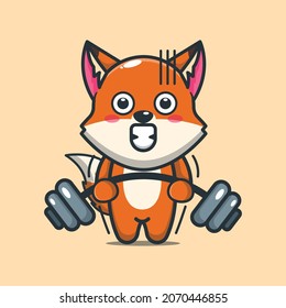 Cute fox lifting barbell. Cute animal cartoon illustration.
