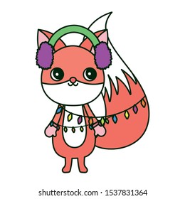 cute fox with lights and ear muffs face merry christmas vector illustration