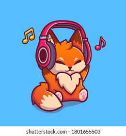 Cute Fox Listening Music With Headphone Cartoon Vector Icon Illustration. Animal Music Icon Concept Isolated Premium Vector. Flat Cartoon Style