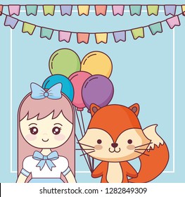 cute fox with little girl happy birthday card