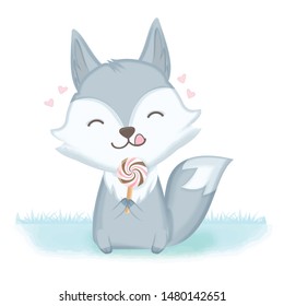 Cute fox with lollipop cartoon hand drawn illustration background