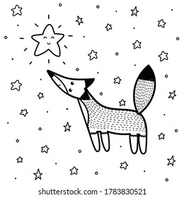 Cute fox looking at the star coloring page. Fantasy background for coloring book. Sweet dreams black and white print. Vector illustration