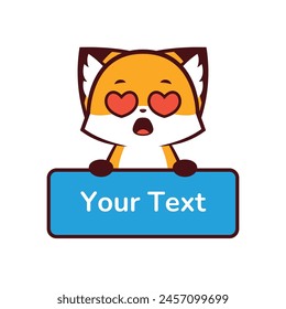 zorro lindo con expresión de amor que sostiene un cuadro de texto, zorro lindo con expresión de amor que sostiene texto de etiqueta, ícono de Vector, logotipo de Vector, signo de Vector