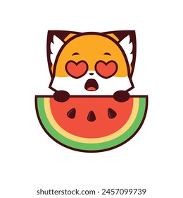 Cute Fox with love expression Holding a Watermelon, vector icon, vector logo, vector sign