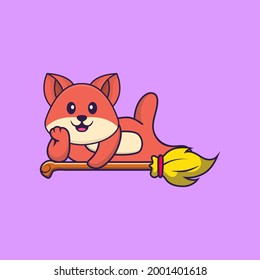 Cute fox lying on Magic Broom. Animal cartoon concept isolated. Can used for t-shirt, greeting card, invitation card or mascot.