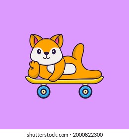 Cute fox lying on a skateboard. Animal cartoon concept isolated. Can used for t-shirt, greeting card, invitation card or mascot.