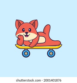 El zorro lindo tendido en una patineta. El concepto de caricatura animal aislado. Puede usarse para camisetas, tarjetas de felicitación, tarjetas de invitación o mascota.
