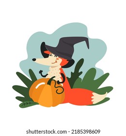 Cute fox in magic hat holding pumpkin.  Funny woodland animal in autumn. Happy cartoon character, hand drawn vector illustration for kids, flat design. 