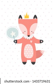 Cute fox with a magic wand. Vector illustration in a scandinavian style. Cute and funny poster.