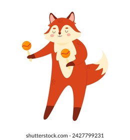 Cute fox with maracas. Forest animal playing traditional musical instrument vector illustration