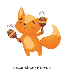 Cute fox with maracas. Vector illustration on white background.