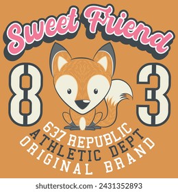 Cute fox mascot design with pastel colors in a college or varsity style with patch numbers and a textured background, either for wrapping or for textile. fashion design