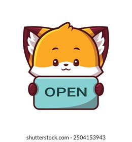 Cute Fox Mascot Holding Open Sign