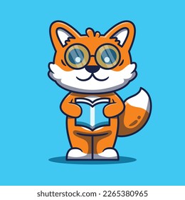 Cute fox mascot reading book cartoon illustration.