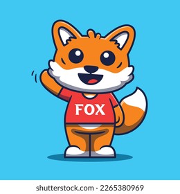 Cute fox mascot waving cartoon illustration  Fox wearing t shirt cartoon design character 