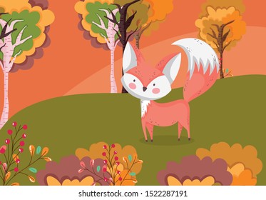 cute fox in the meadow foliage hello autumn vector illustration