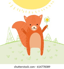Cute fox in the meadow with trees, sun and flower. Vector illustration in cartoon style for print design of children's banners, postcards, posters, booklets.