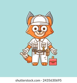 Cute fox  mechanic with tool at workshop cartoon animal character mascot icon flat style illustration concept set