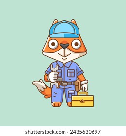 Cute fox  mechanic with tool at workshop cartoon animal character mascot icon flat style illustration concept set