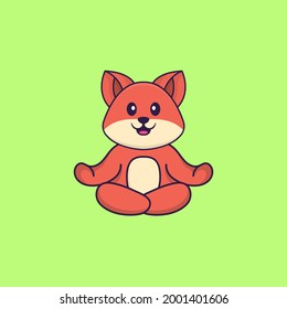 Cute fox is meditating or doing yoga. Animal cartoon concept isolated. Can used for t-shirt, greeting card, invitation card or mascot.