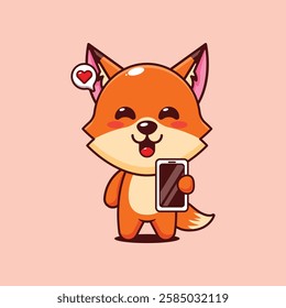 Cute fox with mobile phone cartoon vector illustration. vector cartoon illustration suitable for poster, brochure, web, mascot, sticker, logo and icon.