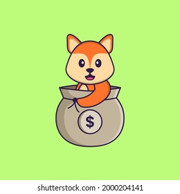 Cute fox in a money bag. Animal cartoon concept isolated. Can used for t-shirt, greeting card, invitation card or mascot.