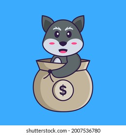 Cute fox in a money bag. Animal cartoon concept isolated. Can used for t-shirt, greeting card, invitation card or mascot.