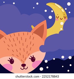 cute fox and moon cartoon