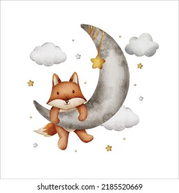 cute fox and moon watercolor illustration for kids and baby background