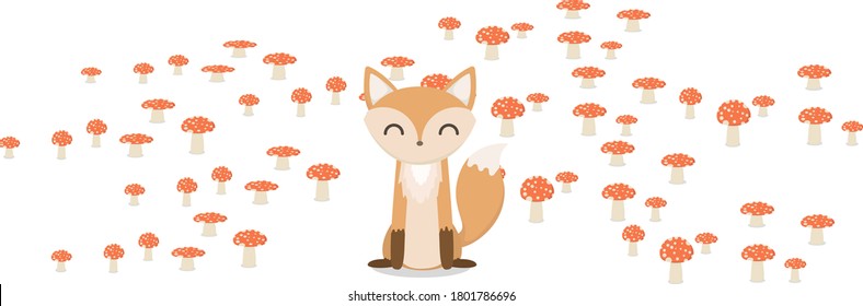 Cute fox with mushroom plant background around it