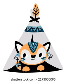 Cute fox in native american tent. Animal in tepee print