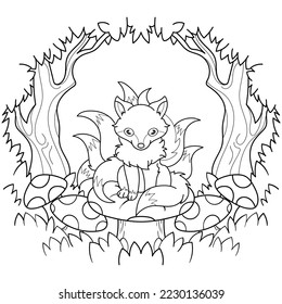 Reine Fuchs neun Schwanz im Wald. Farbbuch für Kinder. Cartoon, Vektorgrafik.