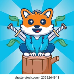 Cute fox ninja mascot with sword sitting on wood cartoon vector illustration
