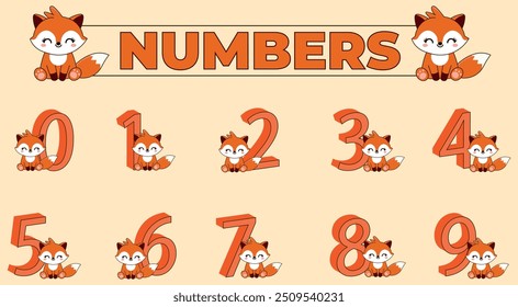 cute fox with numbers, 0,1,2,3,4,5,6,7,8,9