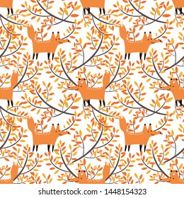 Cute fox on autumn leaves seamless pattern.