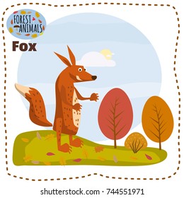 Cute fox, on a background of a landscape with elements of forest, trees, forest animals, cartoon style, banner, vector, illustration