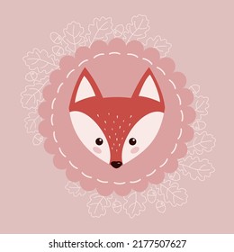 Cute fox on the background of oak leaves and acorns. A frame made of leaves. 