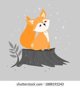 Cute fox on the background of plants. Forest animal. Fox in flat style. Vector
