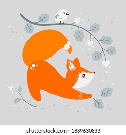 Cute fox on the background of plants. Forest animal. Fox in flat style. Vector