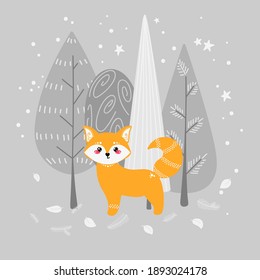 Cute fox on the background of plants. Forest animal. Fox in flat style. Vector