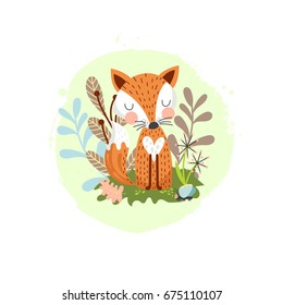 Cute fox on a background of plants and flowers. Child's illustration in vector.